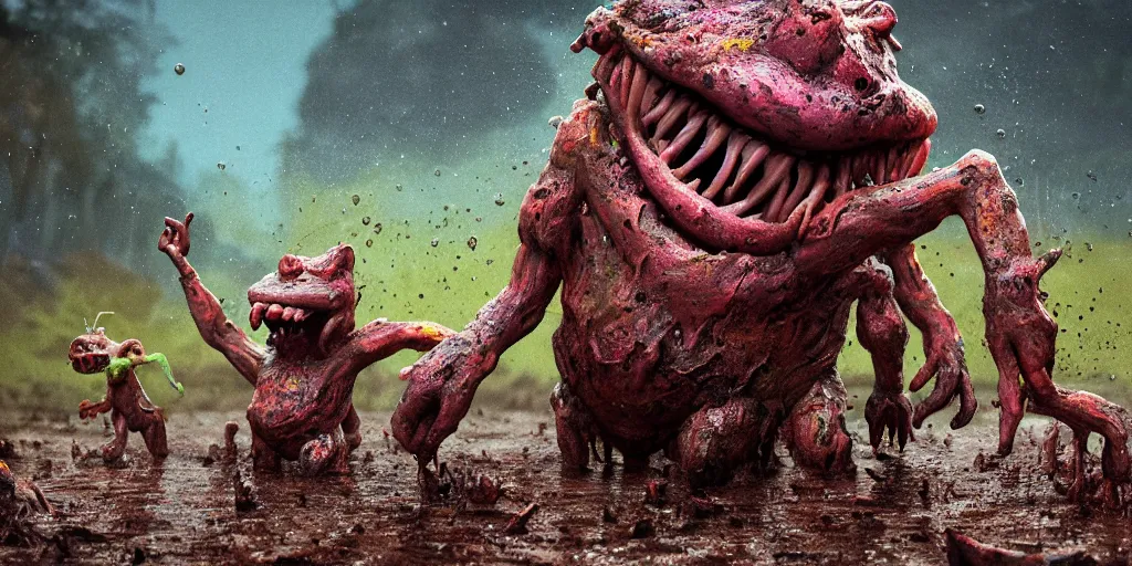 Prompt: of a bright and muddy landscape with chunky cute friendly creatures with huge mouths, eyes, long tongue and square teeth appearing from the wet mud, in the style of antonio berni, macro lens, shallow depth of field, highly detailed, digital painting, trending artstation, concept art, illustration, cinematic lighting, vibrant colors, photorealism, epic, octane render