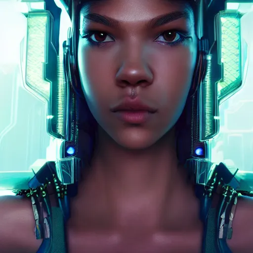 Image similar to full-length portrait of beautiful cyber beautiful Zendaya, cyberpunk, close-up, photorealistic, octane render, 35mm, beautiful big symmetric eyes, coherent, 4k, Unreal Engine, intricate details, concept art, volumetric lighting, trending or artstation, award winning, beautiful scenery, ray tracing