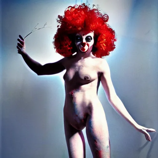 Image similar to female clown photo, wide angle lens, full body, photo by David LaChapelle