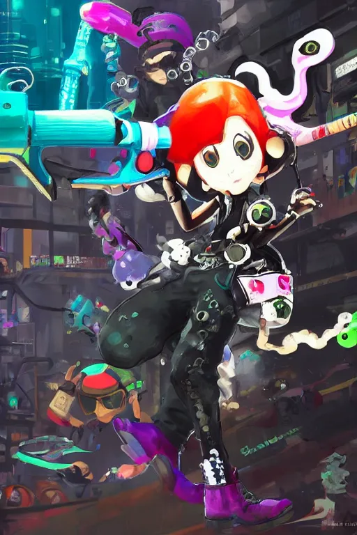 Image similar to splatoon nintendo one character dynamic poses digital painting on canvas, victorian steampunk, yoji shinkawa, yoshitaka amano, cyberpunk, trending on artstation, featured on pixiv, cinematic composition, 8 k