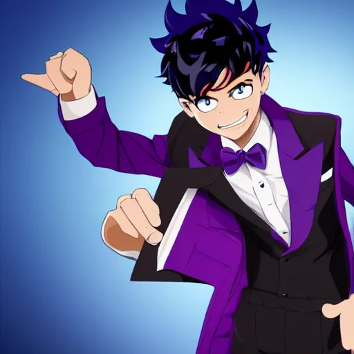 Image similar to a guy with black hair, wears a comedian purple suit and a red bowtie, anime character design key visual, Official media from My Hero Academia, sharp, 4k HD