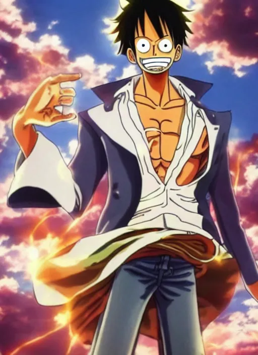 Image similar to a professional photo of luffy wearing a white suit, hyper realistic, golden hour effect