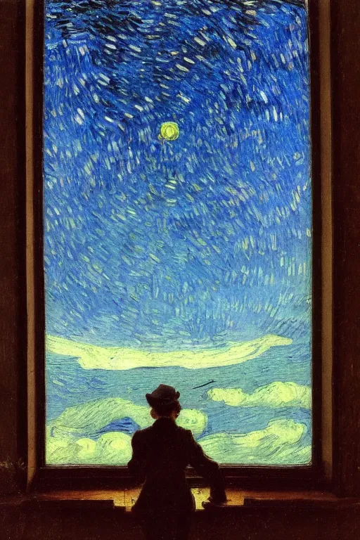 Prompt: a person looking from a window of a space station , colorful, beautiful, national geographic, very detailed, astrophotography, oil painting, canvas, Vincent van Gogh, Caspar David Friedrich, Theodor Kittelsen, Albert Bierstadt