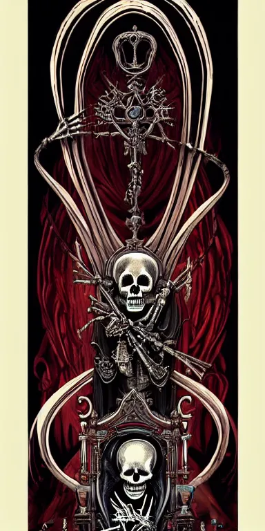 Image similar to a painting of a skeleton sitting on a throne, poster art by Petros Afshar, James Jean, Joe Fenton, Lise Deharme, Anne Stokes, Brian Despain behance contest winner, gothic art, tarot card, apocalypse art, behance hd, macabre poster art, gothic art