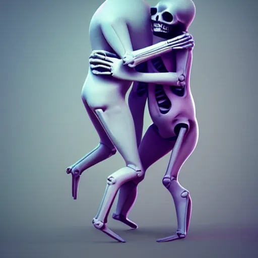 Image similar to A portrait of two skeletons hugging as their torso emerges from a portal by Beeple, Trending on Artstation