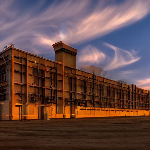 Image similar to wide gamut color cinematic matte painting of professional white balanced flambient HDR golden hour real estate photography ancient acifi fantasy industrial manufacturing facility