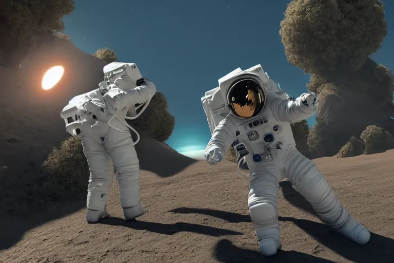 Prompt: astronaut aims a gun at a second astronaut, with earth in the background, unreal engine 5