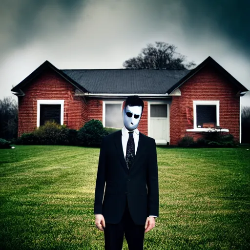 Image similar to man in strict suit, one man, an indifferent face, house on background, bloody knife, blood on body, full body, little fog, evening, extremely detailed, sharp focus, professional photographer, professional model, minimalism, real life