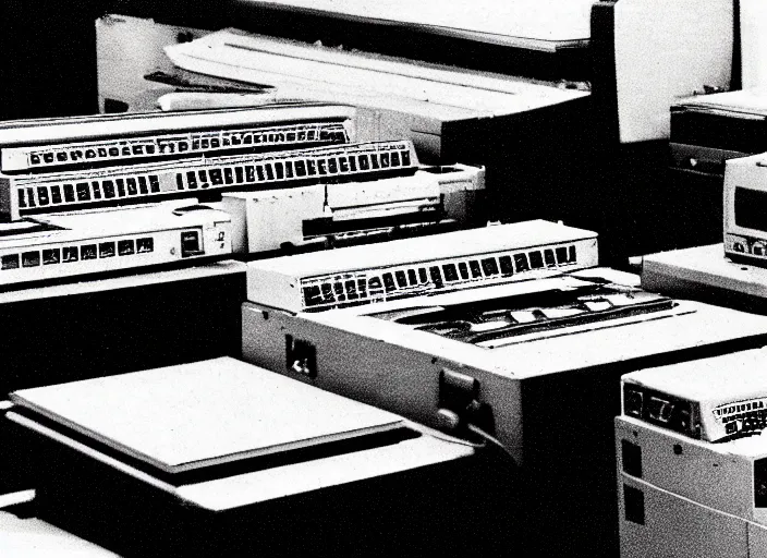 Prompt: analog data processing plant, with retro matrix printers rapidly printing sheets of paper, reel to reel tape machine recording sounds. 1990s computer ad style picture in high contrast color