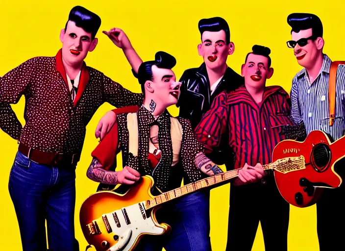 Image similar to rockabilly band 1950s, high detail, golden hour, 8K, by hanna barbera