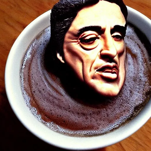 Prompt: al pacino's face made of foam in a cup of cappuccino, high detail