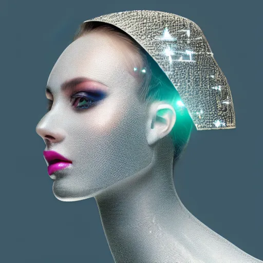 Prompt: portrait of a beautiful futuristic woman layered with high-tech jewelry wrapping around her face and head, 2048