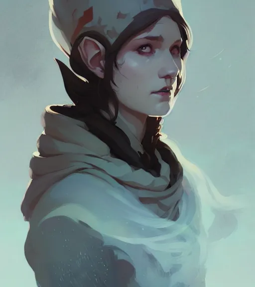 Image similar to portrait of a elven mage ( dragon age ) by atey ghailan, by greg rutkowski, by greg tocchini, by james gilleard, by joe fenton, by kaethe butcher, dynamic lighting, gradient light blue, brown, blonde cream and white color scheme, grunge aesthetic