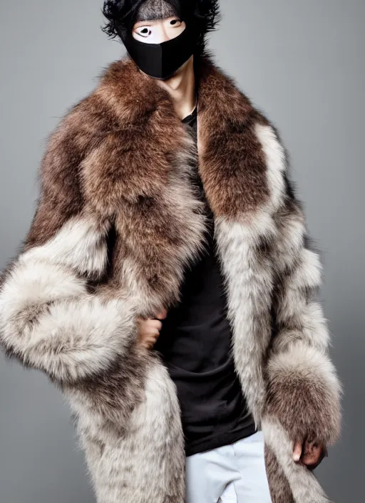 Prompt: an official aesthetic 8 k futuristic clothing advertisement photograph of a korean japanese handsome asian man with black curly hair with a mask posing shirtless on land wearing a huge light brownish fur coat and y 2 k white pants, studio lighting