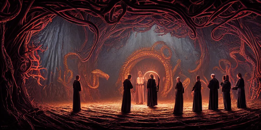 Image similar to portrait of circle group of priests invoking ritual in front of a giant lovecraft creature, intricate, glowing lights, highly detailed, sharp focus, wide - angle, atmospheric lighting, rich deep colors masterpiece, volumetric lighting, beautiful, rich deep colors masterpiece, sharp focus, ultra detailed by leesha hannigan, thierry doizon, kai carpenter