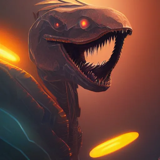 Image similar to a detailed tarot card of a futuristic cyborg velociraptor, neon outline, mouth open in a terrifying roar, 8 k, artstation, art by greg rutkowski, pixiv