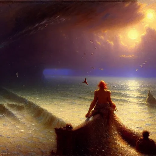 Image similar to point of view of deep in the ocean looking up, you see fishes, the milk way, night time, midnight, no sunlight. highly detailed painting by gaston bussiere, greg rutkowski 8 k