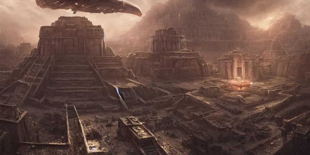 Image similar to A fierce Aztec warrior watches ominous alien spacecraft flying above the Aztec temple. Intense dramatic epic sci-fi cinematic concept artwork in the style of Jacek Pilarski and Greg rutkowski and Sylvain Lorgeou. Panoramic view. Trending on artstation