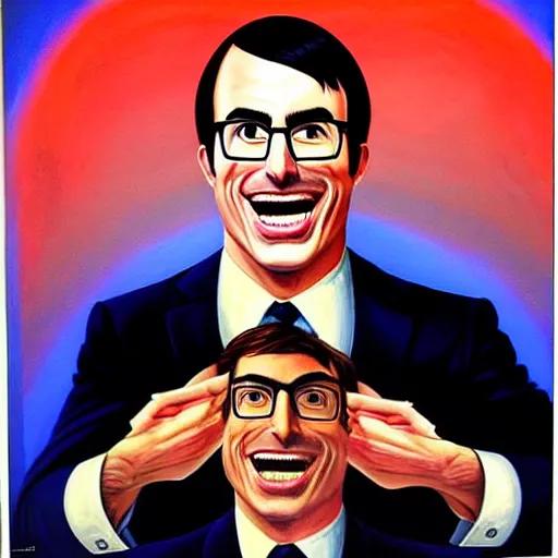 Prompt: Facial portrait. John Oliver, as Dexter looking at the camera, laughing like a maniac. dramatic background, dramatic illumination. extremely detailed painting on canvas. by Greg Capullo and by Henry Moebius and by John Romita Jr. Shown in a newspaper.