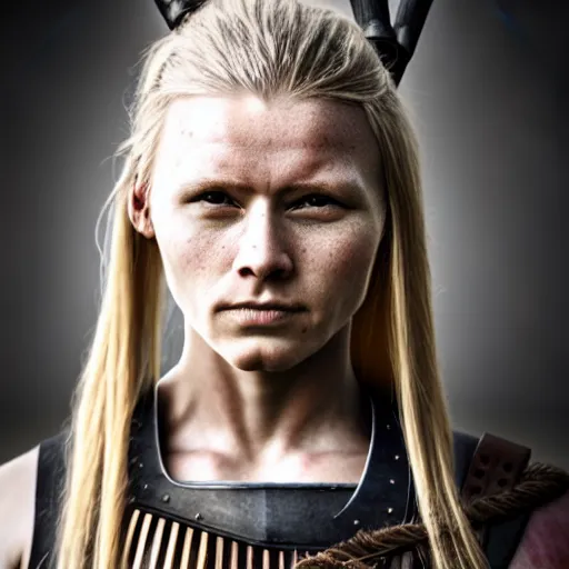 Image similar to photo of a real-life beautiful nordic female warrior, highly detailed