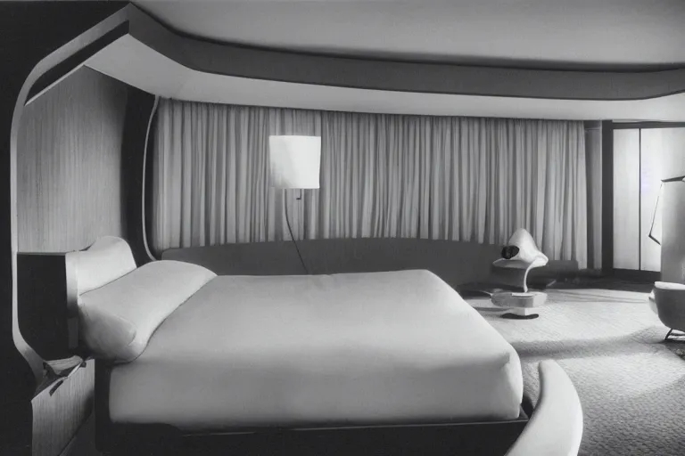 Image similar to a hotel room from the future, the bed is a fish tank, 45mm 1967