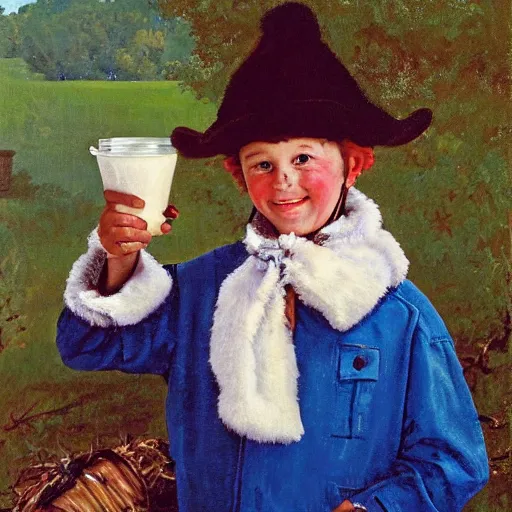 Prompt: young boy in coonskin hat holding milk glass, milk moustache, smiling, daniel boone style hat, painting style of norman rockwell