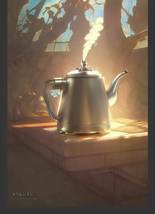 Image similar to stylish modern kettle boiling water, steam coming from spout, natural lighting, path traced, highly detailed, high quality, digital painting, by don bluth and ross tran and studio ghibli and alphonse mucha, artgerm