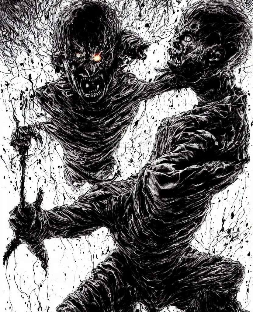 Prompt: a singed scary man with fire bursting out of him, dark colors, sinister atmosphere, dramatic lighting, cinematic, establishing shot, extremely high detail, photo realistic, cinematic lighting, pen and ink, intricate line drawings, by Yoshitaka Amano, Kentaro Miura, Artgerm, post processed, concept art, artstation, matte painting, style by eddie mendoza, raphael lacoste, alex ross