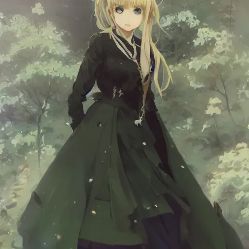 Image similar to victorique de blois anime girl gosick super detailed green eyes green eyes green eyes green eyes black dress blonde hair by greg rutkowski makoto shinkai aramaki shinji artgerm, cushart krenz key art feminine award winning