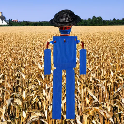 Prompt: a photo of a robot farmer wearing a straw hat blue overalls in the corn field, photorealistic, 8 k, castle background