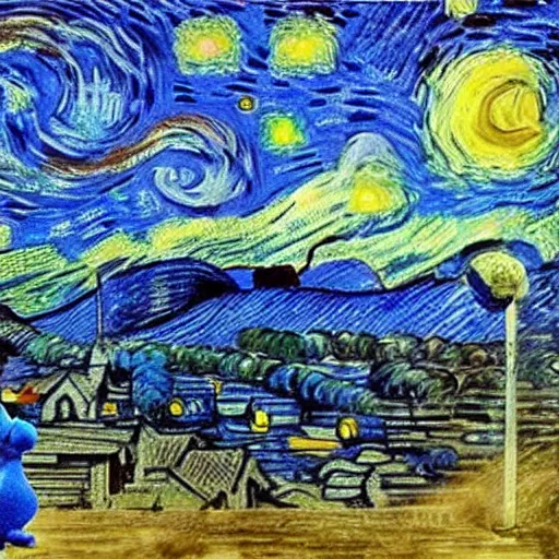 Image similar to smurfs by da vinci, starry night style