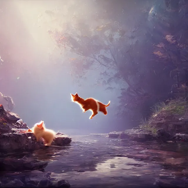 Image similar to a painting of a cute kitten at a river catching fish. disney character design by cory loftis, fenghua zhong, ryohei hase, ismail inceoglu and ruan jia. volumetric light, detailed, rendered in octane