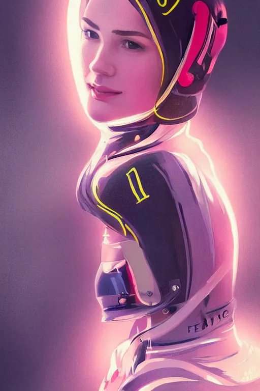 Image similar to portrait beautiful female f1 racer, wearing f1 racer uniform, at racer track, formula one car, ssci-fi, fantasy, intricate, very very beautiful, elegant, human anatomy, neon light, highly detailed, digital painting, artstation, concept art, soft light, smooth, sharp focus, illustration, art by tian zi and WLOP and alphonse mucha