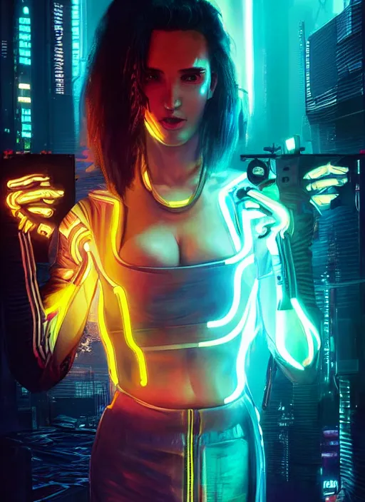 Prompt: cyberpunk 2 0 7 7 young woman, frank costume, beautiful face, hand implants glowing neon, extremely detailed, art by artgerm and greg rutkowski and magali villeneuve