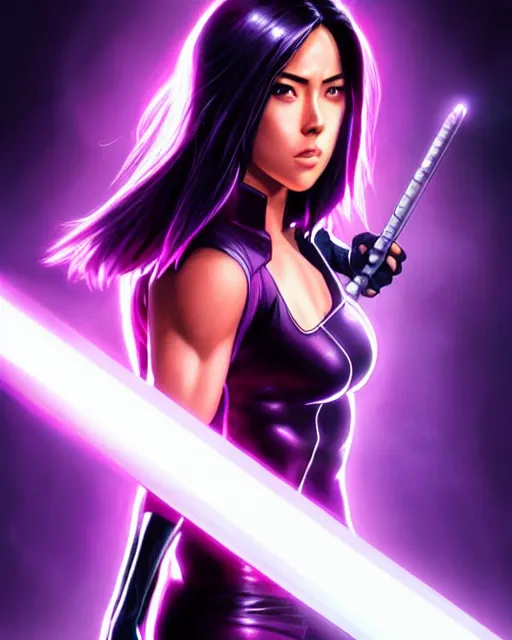 Prompt: Psylocke, Chloe Bennet, long black hair, purple energy sword attached to hand, realistic character concept, action pose, comic book, illustration, slender symmetrical face and body, artstation, cinematic lighting, hyperdetailed, artgerm, 8k, Rafeal Albuquerque comic book art, single face, insanely detailed and intricate, beautiful