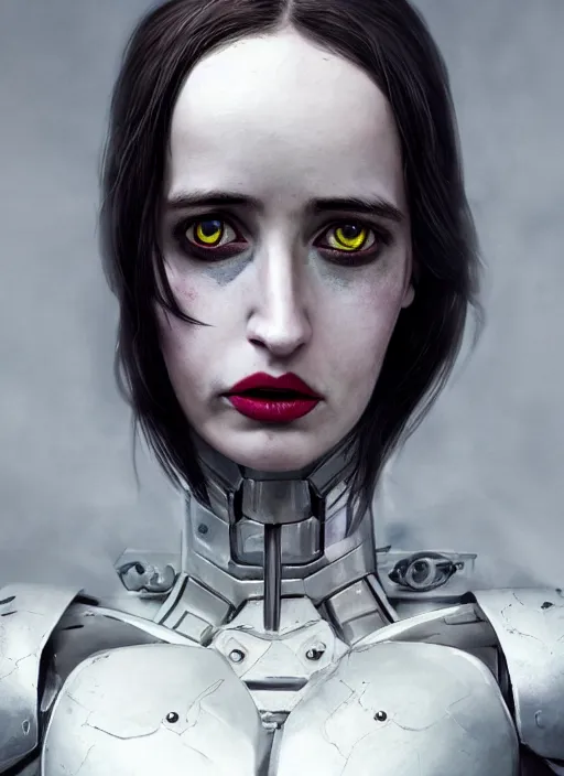 Prompt: hyper realistic photography portrait of heroic warhammer machine robotic android girl, eva green, wednesday addams, cinematic, chaos marine, artstation, cgsociety, full head and shoulders, greg rutkowski, james gurney, mignola, craig mullins, brom redshift, vray, octane render