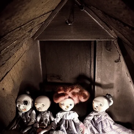 Image similar to dark attic with creepy dolls