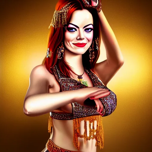 Prompt: a digital portrait of emma stone dressed as a belly dancer, arabian night, high quality, fully detailed, 4 k, in focus face with fine details, realistic hand details and anatomy