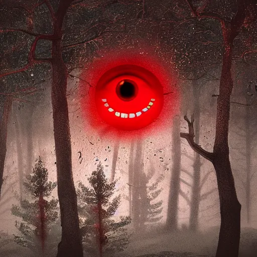 Prompt: A realistic detailed photo of a creepy shadow, red eyes, dead trees, detailed body, teeth filled with cavities, foggy landscape, creepy, light particles, detailed light, realistic shaders, trending on artisation, detailed textures, detailed, realistic.