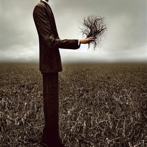 Prompt: slenderman, tan by elliott erwitt, by martin wittfooth aesthetic, highly detailed. a land art of a woman standing in a field of ashes, her dress billowing in the wind. her hair is wild & her eyes are closed, in a trance - like state. dark & atmospheric, ashes seem to be alive, swirling around.