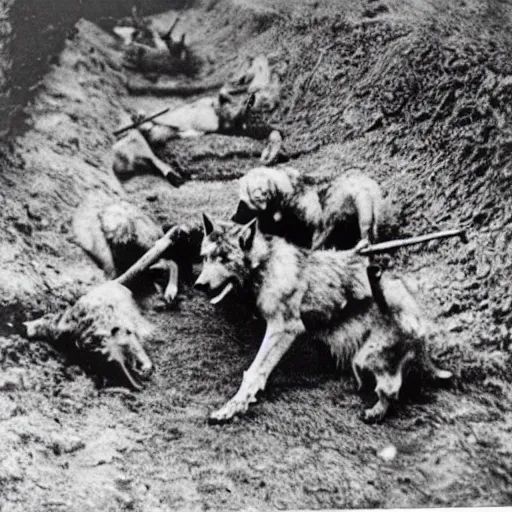 Image similar to WW1 trench with wolves attacking injured soldiers 1900s, horror photography