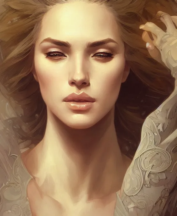 Image similar to portrait close up of woman, concentrated look, symmetry, d & d, fantasy, intricate, elegant, highly detailed, digital painting, artstation, concept art, art by artgerm and greg rutkowski and alphonse mucha, boris vallejo