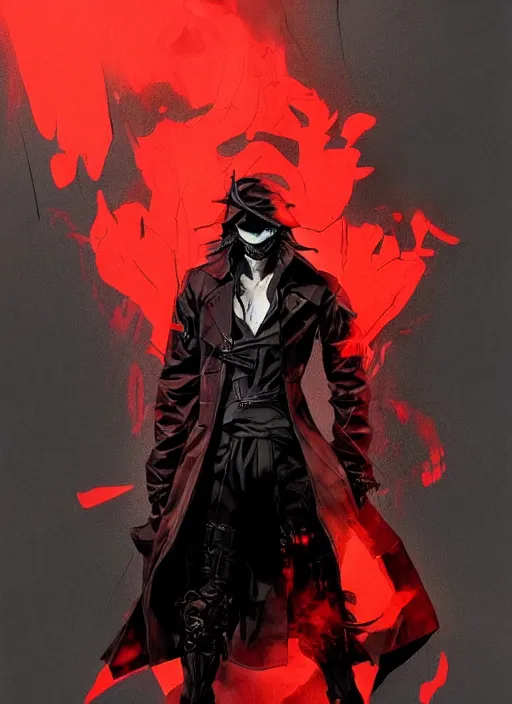 Prompt: half body portrait of an evil deity, a man in black mask and black rugged long trench coat made of smoke, red aura. in style of yoji shinkawa and hyung - tae kim, trending on artstation, dark fantasy, great composition, concept art, highly detailed, dynamic pose.