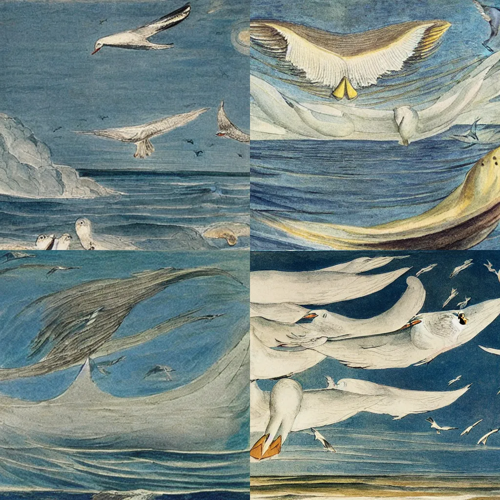 Prompt: flock of seaguls flying around a fishing boat in calm sea, painting by william blake