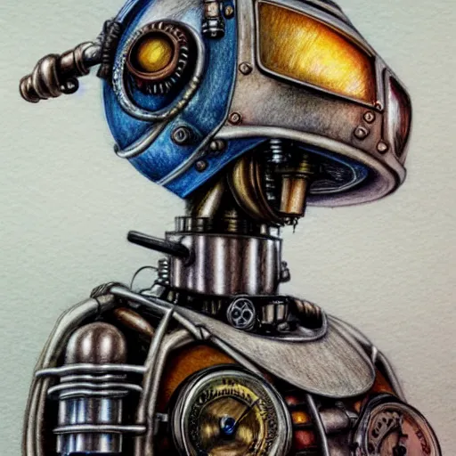 Image similar to hyper realistic pencil drawing of a steampunk robot , water color, full portrait, detailed, rim light, diffused, intricate,