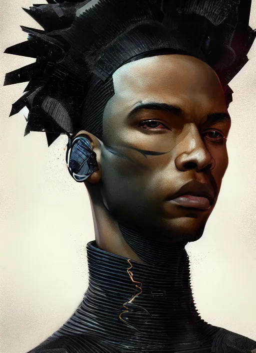 Prompt: portrait of a young black man with a mohawk and solid black irises, wearing futuristic techwear highly detailed, angular jawline, digital painting, artstation, concept art, smooth, sharp focus, illustration, art by wlop, uang guangjian and gil elvgren and sachin teng and greg rutkowski