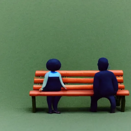 Prompt: a couple sitting on a park bench, claymation