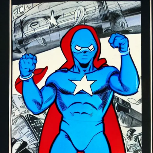 Prompt: Papa Smurf as Marvel Comic superhero, drawn by Stan Lee.