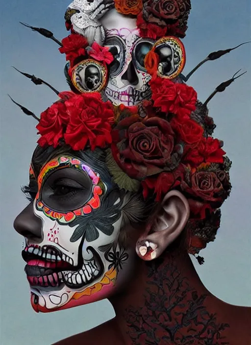 Image similar to dia de los muertos theme surrealist art in the styles of igor morski, jim warren, and aida muluneh, intricate, hyperrealistic, accurate facial details, profile picture with chromakey!!!!! background, volumetric lighting