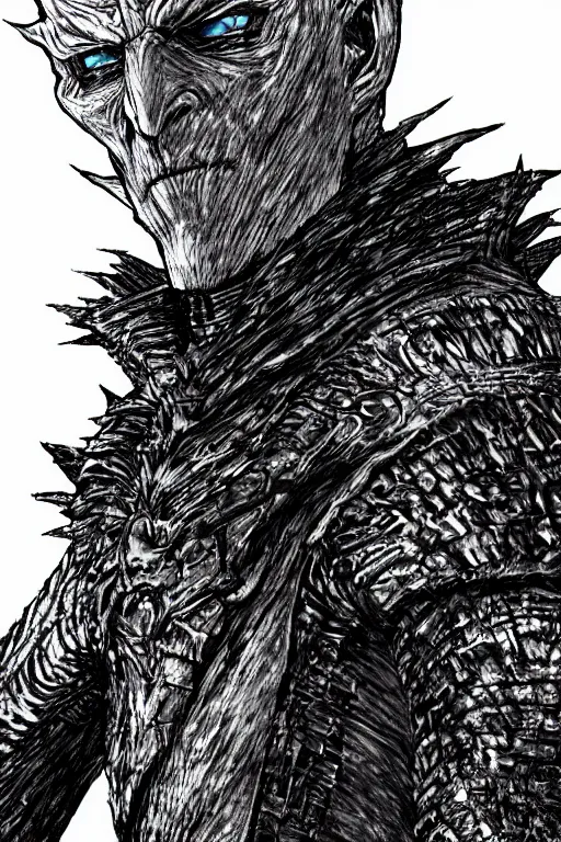 Prompt: The night king , game of thrones character by Kentaro Miura , textured, dark, manga, high contrast